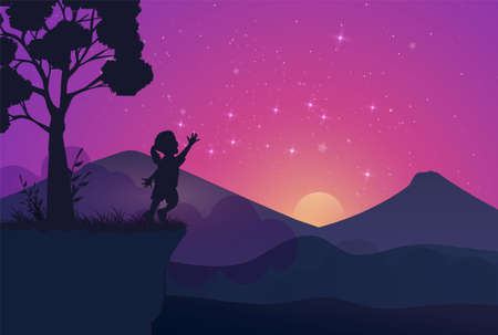 Vector illustration landscape of beautiful mountain and northern lights in night sky. child reaches for the light. Premium Vectorのイラスト素材