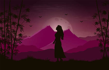 Gradient colors mountains with bamboo tree and alone girl landscape backgroundのイラスト素材