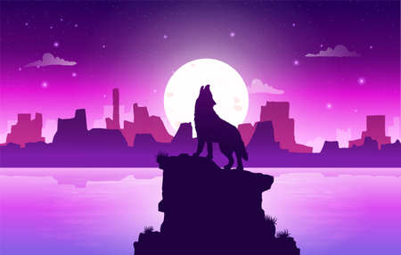 Vector illustration of beautiful river and northern lights in night sky landscape background. wolf...