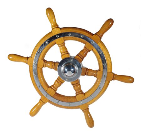 wooden metal wheel steering us white background  の写真素材