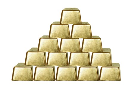 the pyramid from bars of gold on white backgroundの写真素材