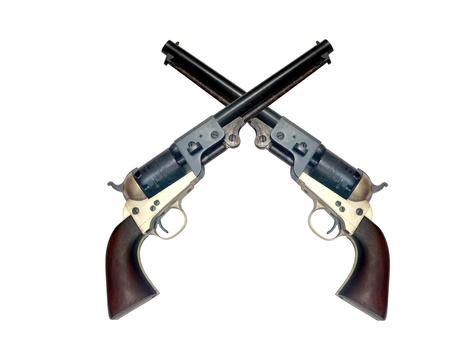 two old metal colt revolver on white background