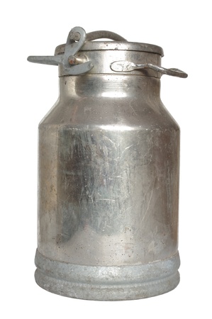 big old metal can on milk on white backgroundの写真素材
