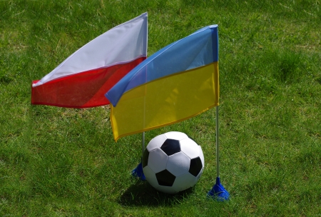 two flag and  football on grassの写真素材