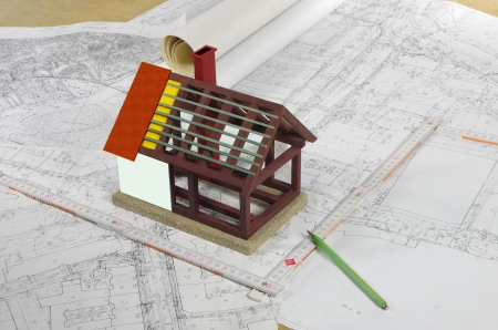 model of house wit plans and drafts on architectのeditorial素材