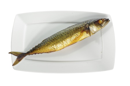 one smoked mackerel on white plateの写真素材