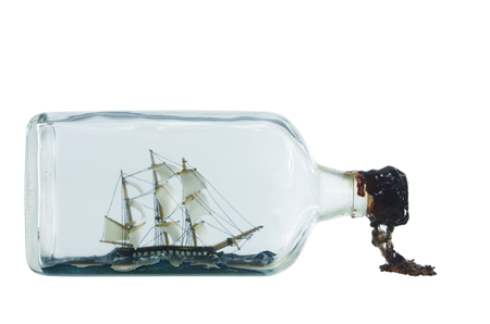 sailcloth ship in closed with cork bottleの写真素材