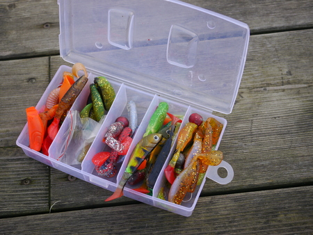 angling baits in plastic box