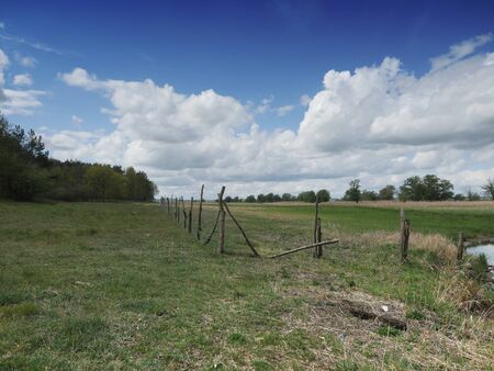 fenced empty pasture against the sky の写真素材