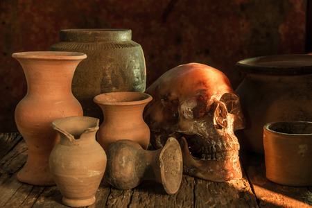 Still Life with a Skull and vase,earthenwareの写真素材