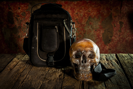 Human skull on wood and leather bags , Still Life concept .の写真素材