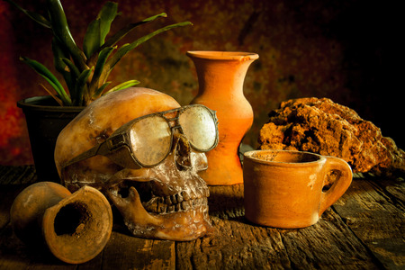 Still Life with a Skull and vase,earthenwareの写真素材