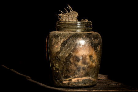 Still Life with skull and glass jars on woodの写真素材