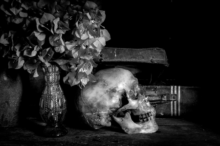 Human skull and flower vase old treasure on wooden table background, Still life concept Black and Whiteの写真素材