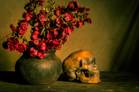 Human skull and flower vase on wooden table background, Still life conceptの写真素材