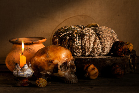Still Life with skull and jar,earthenware on woodenの写真素材