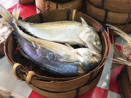 Mackerel fish in bamboo basket at market, Thailandの写真素材