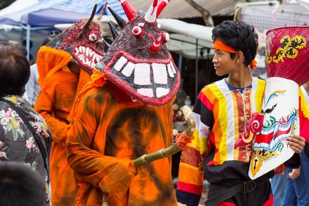 LOEI,THAILAND-JULY 6,2019 : Phi Ta Khon festival, Phi Ta Khon masks and masks international, dance to show Phi Ta Khon  festival in rainy season on july 6 ,2019 in Loei province of Thailandのeditorial素材