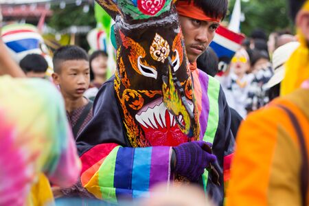 LOEI,THAILAND-JULY 6,2019 : Phi Ta Khon festival, Phi Ta Khon masks and masks international, dance to show Phi Ta Khon  festival in rainy season on july 6 ,2019 in Loei province of Thailandのeditorial素材
