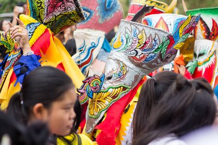 LOEI,THAILAND-JULY 6,2019 : Phi Ta Khon festival, Phi Ta Khon masks and masks international, dance to show Phi Ta Khon  festival in rainy season on july 6 ,2019 in Loei province of Thailandのeditorial素材