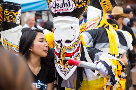 LOEI,THAILAND-JULY 6,2019 : Phi Ta Khon festival, Phi Ta Khon masks and masks international, dance to show Phi Ta Khon  festival in rainy season on july 6 ,2019 in Loei province of Thailand