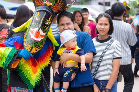LOEI,THAILAND-JULY 6,2019 : Phi Ta Khon festival, Phi Ta Khon masks and masks international, dance to show Phi Ta Khon  festival in rainy season on july 6 ,2019 in Loei province of Thailandのeditorial素材