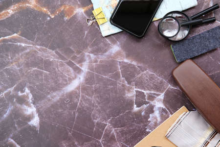 Top view desk office and workspace for text