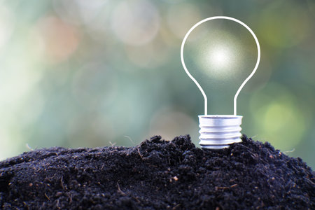 Light bulb on soil with bokeh background, Green energy concept