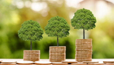stacks of gold money coin on table background and concept saving money, business growth strategy of money concept, advertising coins of finance and bankingの写真素材