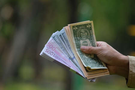 Hand holding money in the park with blurred background. Selective focus.