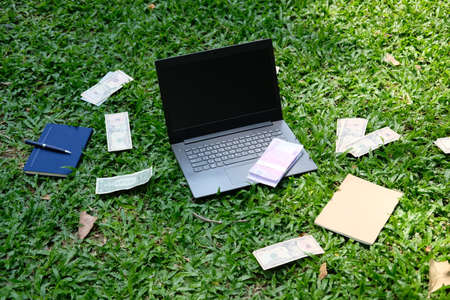 Laptop and money on the grass. Business and finance concept.の写真素材