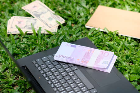 Euro banknotes and laptop on green grass. Business and finance.の写真素材