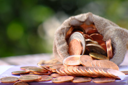 Coins in a burlap bag on a blurred green background.