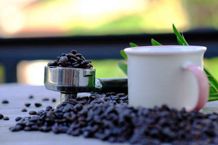 coffee cup on table background and coffee in the morningの写真素材