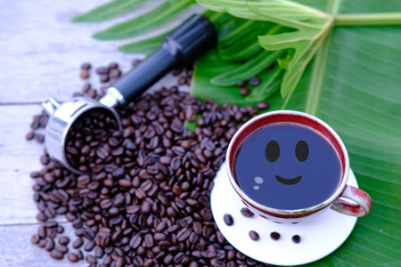 Hot coffee in the morning on wood table background and spaceの写真素材