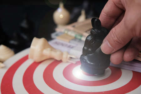 Hand holding chess board, Businessman play with chess game and business growth concept, Creative new...