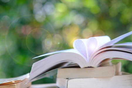 Books on a wooden table and Education learning concept with open book or textbook in library, stack piles of book on tableの写真素材