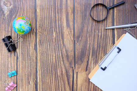 Top view working space with office equipment and free space for textの写真素材