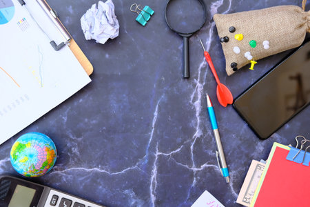 Top view working space with office equipment and free space for textの写真素材
