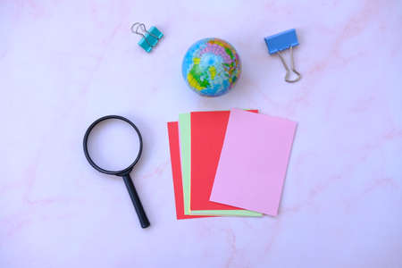 Top view working space with office equipment and free space for text
