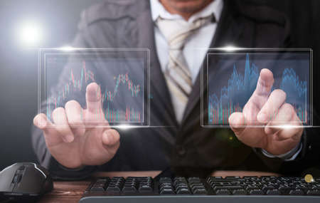 Businessman analysing forex trading graph financial data, Finance analytics stock market indicators...
