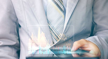 Businessman analysing forex trading graph financial data, Finance analytics stock market indicators...