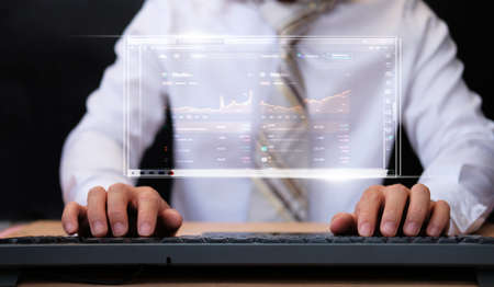 Businessman analysing forex trading graph financial data, Finance analytics stock market indicators...