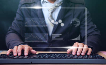 Businessman analysing forex trading graph financial data, Finance analytics stock market indicators...