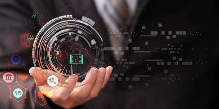 Businessman holding padlock protecting business and financial data with virtual network connection, Technology and digital marketing, Financial and bankingの写真素材