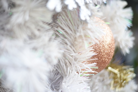 Merry christmas and happy new year Closeup of Christmas-tree  and gold balls,white balls, tree branches on abstract backgroundの写真素材