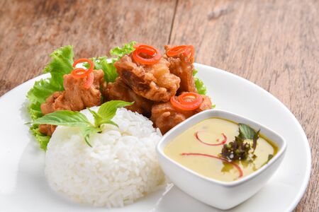 Deep Fried Chicken  and Green Curry with Rice , vegetable  in White plate. Thai foodの写真素材
