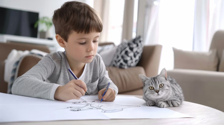 A young artist, lost in his imagination, brings a playful feline to life on a blank canvas. With the help of AI technology, his creation takes on a whimsical and unique form. A charming scene that showcases the endless possibilities of creativity and technology.の素材