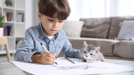 Watch as a young artist's imagination comes to life on a blank canvas, as he skillfully creates a playful feline with the help of AI generative technology. An adorable and impressive display of creativity and innovation.の素材
