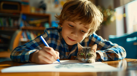 A talented young artist, mesmerized by the magic of technology, creates a charming feline masterpiece on a blank canvas. Witness the fusion of creativity and AI in this adorable scene of a boy drawing a cat.の素材